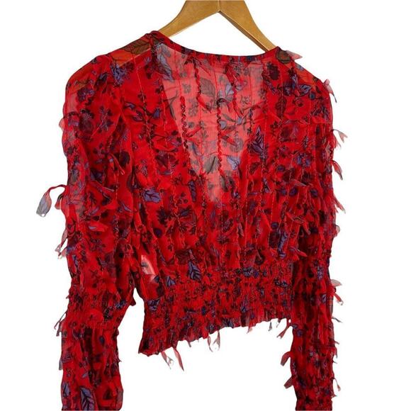 Red Floral Smocked Sheer Blouse Zara Fringing Cropped Top Long Sleeve Size XS - Picture 13 of 16